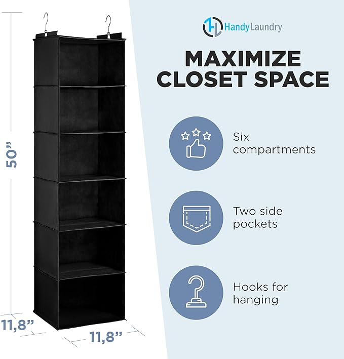 Handy Laundry Hanging Closet Organizer - 6 Shelf Storage for Clothes, Sweaters, Shoes & Accessories - Space-Saving Wardrobe Shelves with Hooks for Dorm, RV & Small Closet Organization (Black)