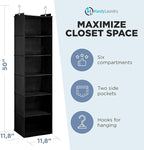 Handy Laundry Hanging Closet Organizer - 6 Shelf Storage for Clothes, Sweaters, Shoes & Accessories - Space-Saving Wardrobe Shelves with Hooks for Dorm, RV & Small Closet Organization (Black)