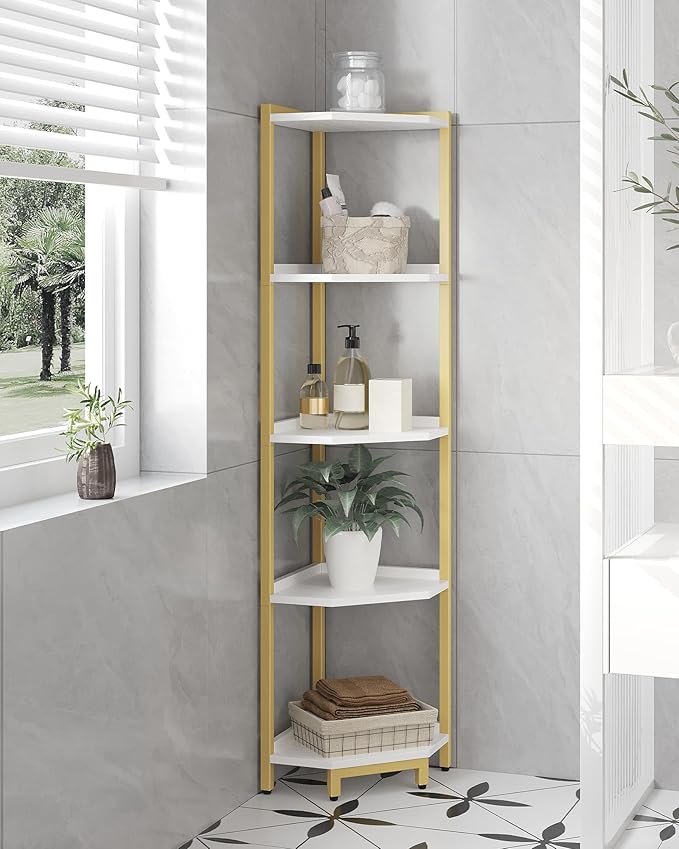 Hzuaneri Corner Shelf Stand, Corner Bookshelf, Storage Standing Shelf Unit with Metal Frame, Plant Stand, Bookcase for Living Room, Home Office, Bedroom, 5-Tier White Gold CS05903A