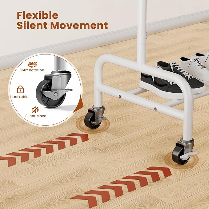 Abiglifty 2 Tier Clothes Rcks for Hanging Clothes, Heavy-Duty Clothing Rack with Wheels,150LBS Capacity, 42" W X15 D X 77" H Garment Rack with Bottom Shelf, for Bedroom, Living Room, White