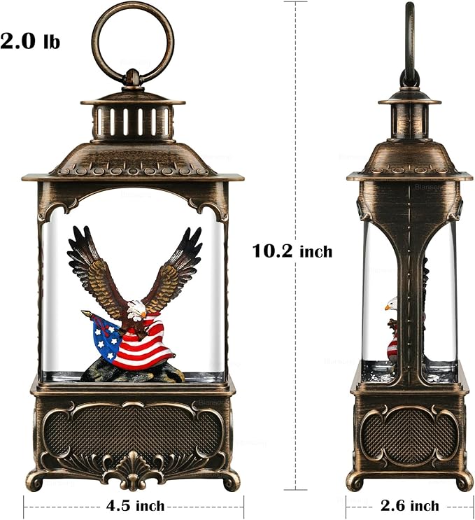 Eagle Snow Globe Lantern 4th of July Decorations Decorations Gifts Auto Snowfall Glitter Music Collection Independence Day Patriotic American Flag with 6H Timer USB/Battery Powered 10.2 inch