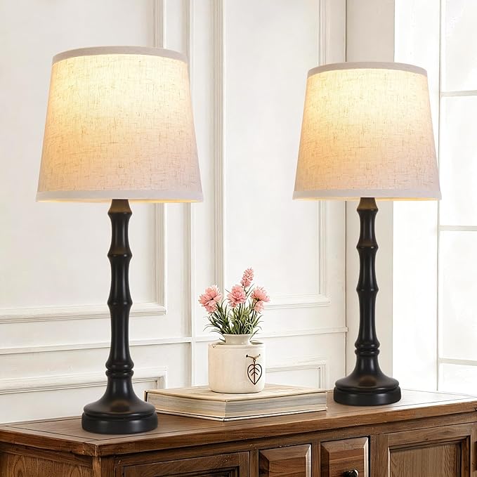 Lamps Set of 2 Modern Farmhouse Table Lamp Bedside Reading Lamps Living Room End Tables Set Lamps for Night Stands Bedroom Night Lamp,High 27 Inch,Black,With Fabric Lamp Shade,Bulb Not Included