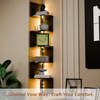 HAAYOT Corner Shelf Wall Mounted: 5-Tier Floating Shelves with Lights for Living Room, Bedroom, Home Office, Black