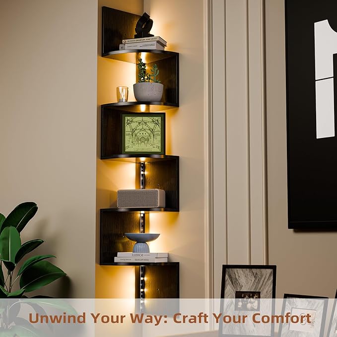 HAAYOT Corner Shelf Wall Mounted: 5-Tier Floating Shelves with Lights for Living Room, Bedroom, Home Office, Black