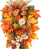 21.7Inch Artificial Fall Harvest Teardrop Swag for Front Door Thanksgiving Teardrop Wreath with Maple Leaves Berry Autumn Floral Swag for Home Wall(No Light)