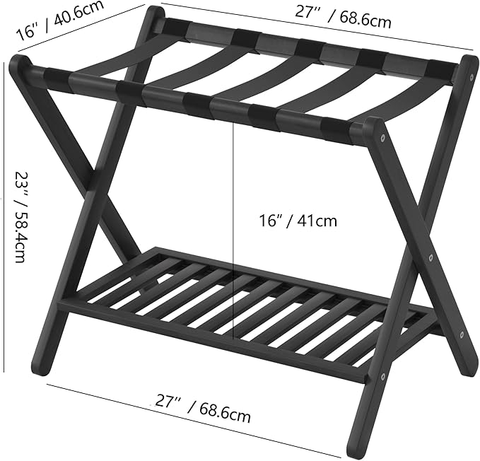 Luggage Racks Suitcase Stand Foldable With Storage Shelf For Guest Room Hotel Essentials Solid Bamboo Heavy-Duty Item Holder Black