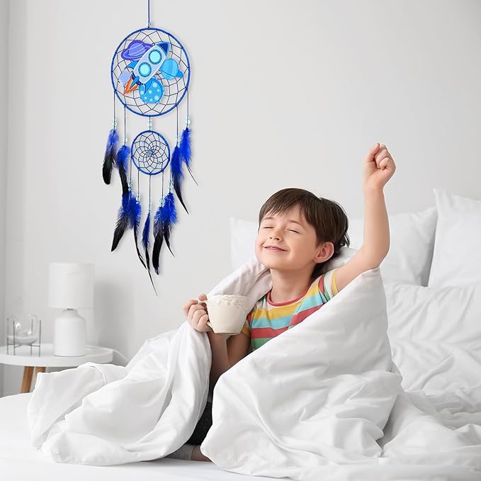 Basumee Dream Catcher for Kids Feather Dream Catchers Handmade Home Decor Wall Hanging with Double Ring for Nursery Bedroom Boys Room, Blue Rocket