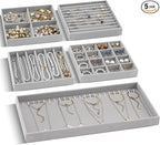 Set of 5 Stackable Jewelry Organizer Trays for Drawer 14 Inch Velvet Jewelry Drawer Insert Display Storage with Removable Divider for Necklace Earring Ring Watch Bracelet (Gray)