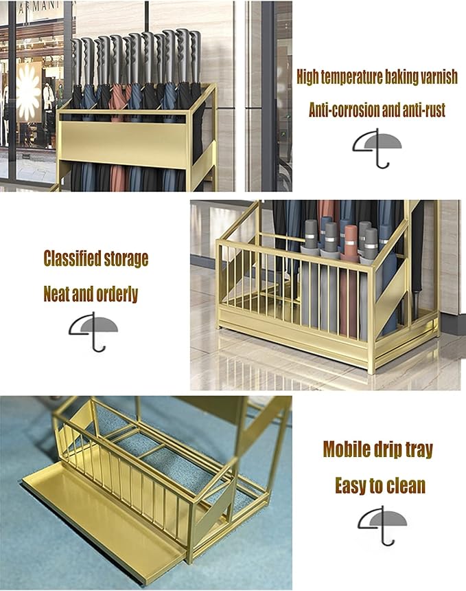 Commercial Metal Umbrella Stand Umbrella Holder, Corridor Entrance Umbrella Basket for Hotel School Cafe-with Drip Tray, Storage 30 Umbrellas (Color : Gold)