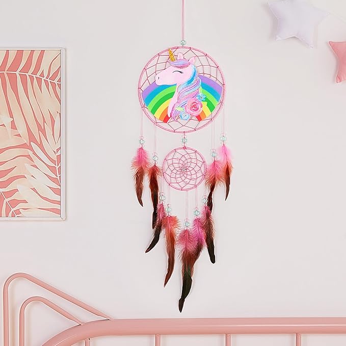 Basumee Dream Catcher for Kids Feather Dream Catchers Handmade Home Decor Wall Hanging with Double Ring for Nursery Bedroom Boys Room, Rainbow Unicorn