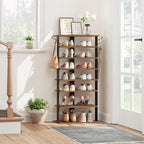HOOBRO 8 Tiers Vertical Shoe Rack, Wooden Shoe Storage Organizer with Hooks, Narrow Shoe Tower for 16 Pairs, Space Saving, for Entryway, Living Room, Bedroom, Rustic Brown BF750XJ01