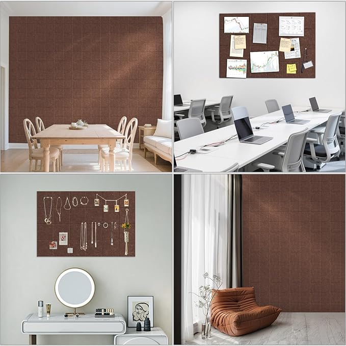 Large Felt Cork Board Alternative - 36" x 24" Bulletin Board with 30 Pushpins, 6 Pack Adhesive Cork Board, Sound Absorbing Fabric Wall Tiles, for Office Home Music Class, Red Brown