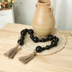 2" Extra Large Wood Bead Garland with Tassels, 44" Long Rustic Farmhouse Wooden Beads Garland, Decorative Beads Boho Decorations for Home Table Mantle Black