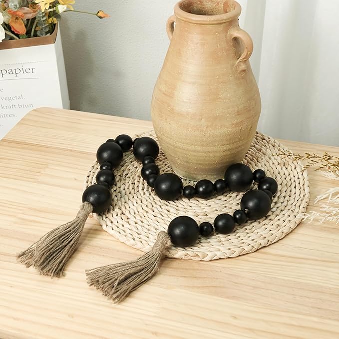2" Extra Large Wood Bead Garland with Tassels, 44" Long Rustic Farmhouse Wooden Beads Garland, Decorative Beads Boho Decorations for Home Table Mantle Black