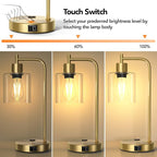 QiMH Set of 2 Industrial Touch Control Table Lamps with 2 USB Ports and 2 AC Outlets, 3-Way Dimmable Bedside Nightstand Reading Lamps with 2700K LED Bulbs, Glass Desk Lamp for Living Room,Bedroom