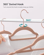 SONGMICS Velvet Hangers, Set of 50 Clothes Hanger with Rose Gold Swivel Hook, Non-Slip, and Space-Saving, 0.2-Inch Thick, 17.1-Inch Long for Coat, Shirt, Dress, Pants, Tie, Caramel Brown UCRF021LB50