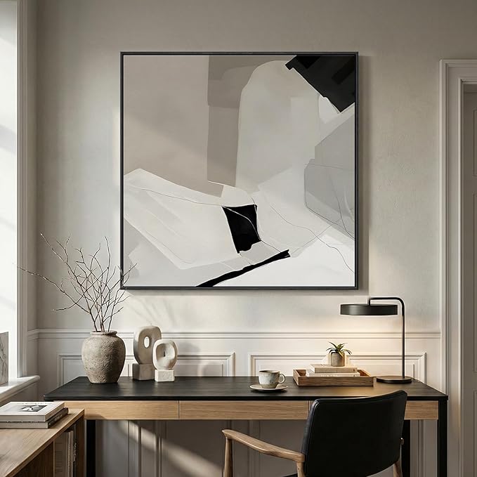 Extra Large Framed Black and White Abstract Wall Art for Living Room, Oversized Square Modern Canvas Prints Paintings, Neutral Minimalist Pictures for Hallway Dining Bedroom Office Wall Decor 40x40 In