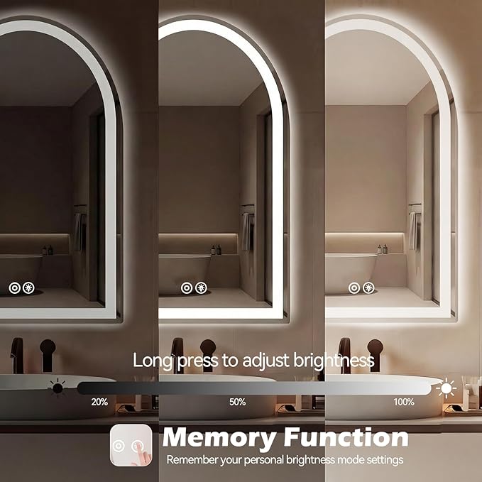 Sweetcrispy 28“x 36” LED Bathroom Backlit Mirror with Lights, Arched Vanity Mirror with Anti-Fog, Dimmable, 3-Color Light, Memory Function, Tempered Glass