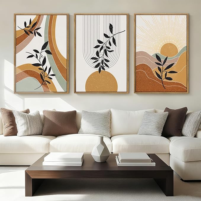 BINCUE Extra Large Boho Abstract Wall Art Abstract Line Wall Decor Mid Century Modern Artwork Boho Plants Wall Pictures Orange Abstract Paintings Orange Art Prints for Living Room Bedroom Office 24x36 Inches 3 Pieces