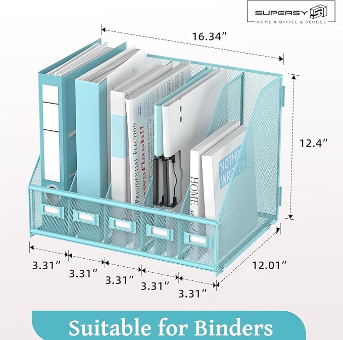 SUPEASY Desk Organizers Metal Desk Magazine File Holder with 5 Vertical Compartments Rack File Organizer for Office Desktop, Classroom, Home Workspace, Blue Plus