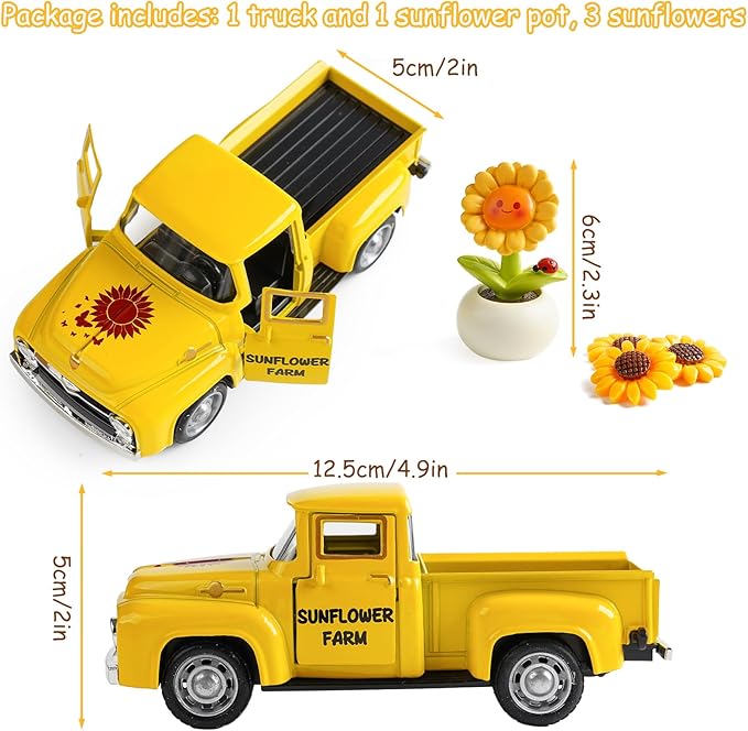 Sunflower Truck Decor, Yellow Vintage Pickup Truck with Sunflower Arrangement, Rustic Farmhouse Summer Tiered Tray Decor, Kitchen Table Centerpiece, Home Office Shelf Decorations