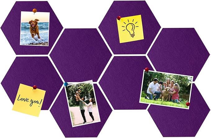 8 Pcs Hexagon Felt Cork Bulletin Board Tiles, Self Adhesive DIY Bulletin Board Pin Board for Office School Home Wall Decor Memos Photos Display(Purple)