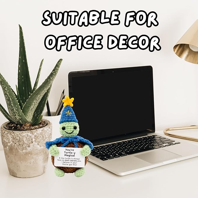 Handcrafted Crochet Witch Doll, Small 2.5x1.5x4 Inch Decorative Plush Figure, Yarn Material, Magical Theme, Inspirational Signs, for Ages 13+ (Turtle Wizard)