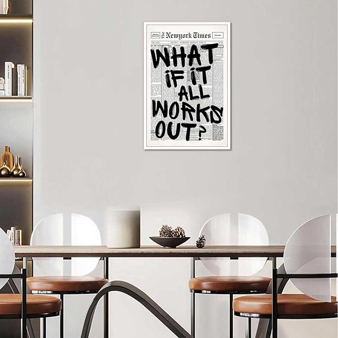 Drimiler Retro Black And White Newspaper Poster What If It All Works Out Canvas Wall Art Positive Affirming Quote Minimalist Prints Painting For Home Bedroom Dorm Wall Decor 8x12in Unframed