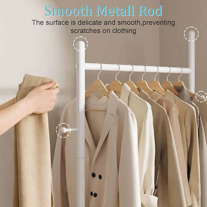 Nianerfaya Coat Rack with 2 Hooks, Standing Garment Storage for Indoor - Coat Tree for Hanging Clothes for Bedroom - 19.7" Wide Heavy Duty Clothe Rack Metal Clothing Hanger Rack (White)