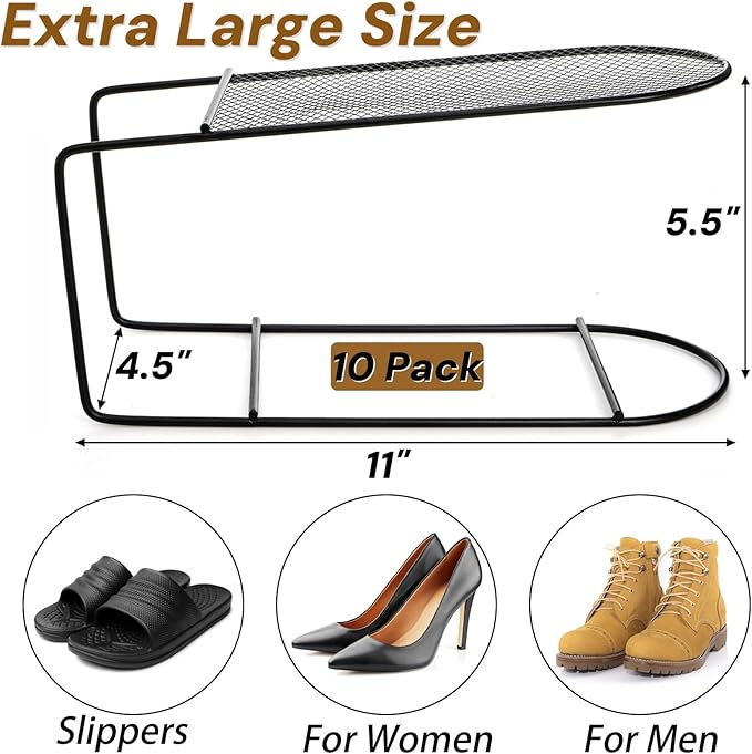10 Pack Large Shoe Slots Organizer, Metal Shoes Storage Stacker, Double-Layer Shoe Holder, Thickening Shoes Rack, Display Shelf Space Saving 50% for Closet Cabinet Organization(Black)