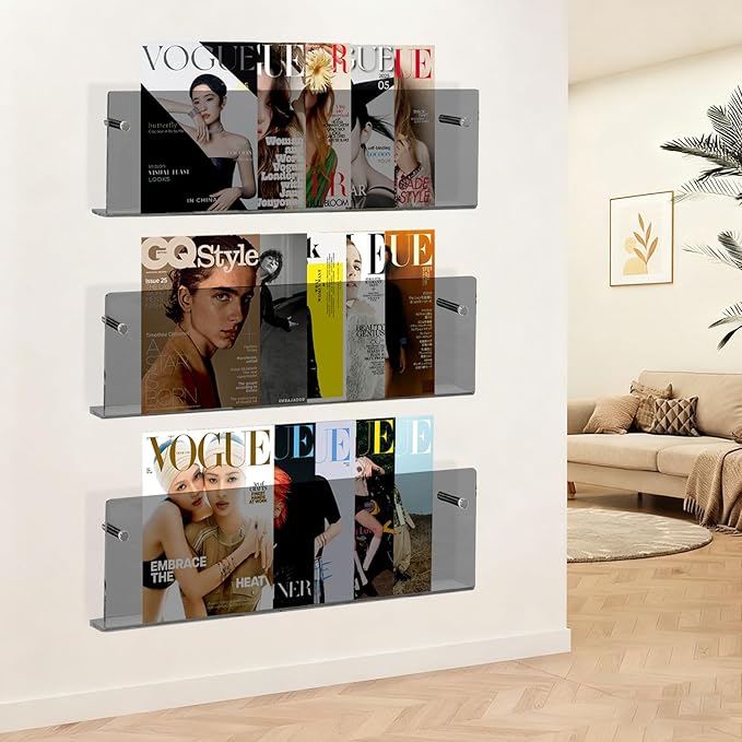 2-Pack 24 Inch Black Acrylic Magazine Holder, Sleek Wall Mounted Brochure Rack & Floating Bookshelf, Modern Stylish Magazine Display for Office, Waiting Room, Living Room, Fashion Home Decor