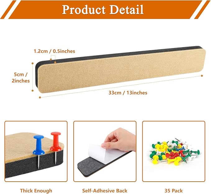 8Pcs Rectangle Felt Cork Board Bar Strips with 35 Pushpins, Self-Adhesive Bulletin Board Strips for Office School Home Wall Decor Stickers Memos Schedules Photos Display -Purple+Pink