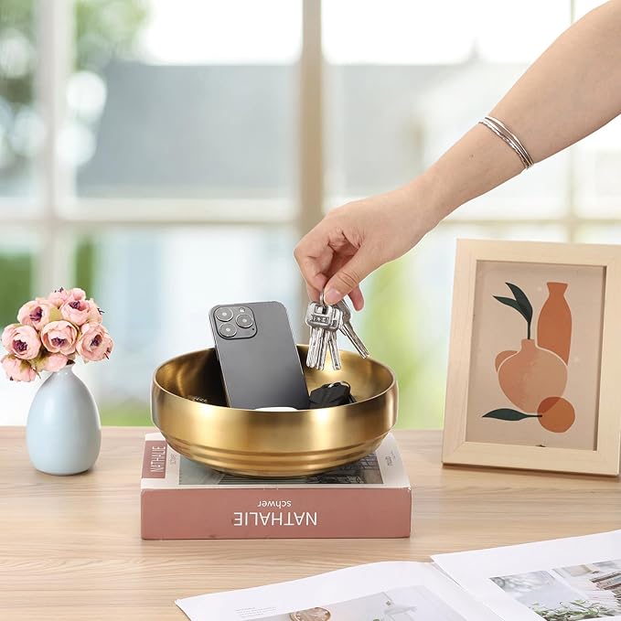 8.3" Golden Key Bowl for Entryway Decorative Key Holder Round Fruit Dish Stainless Steel Catch All Bowl for Coffee Table Kitchen Counter Home Decor
