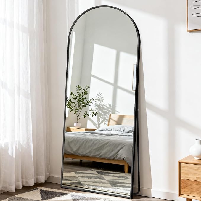 DUMOS 65"x24" Arched Full Length Mirror with Stand, Floor Standing Aluminum Frame, Shatter-Proof Nano Glass for Bedroom, Living Room, Cloakroom – Modern Simple Home Decor,Hanging or Leaning,Black