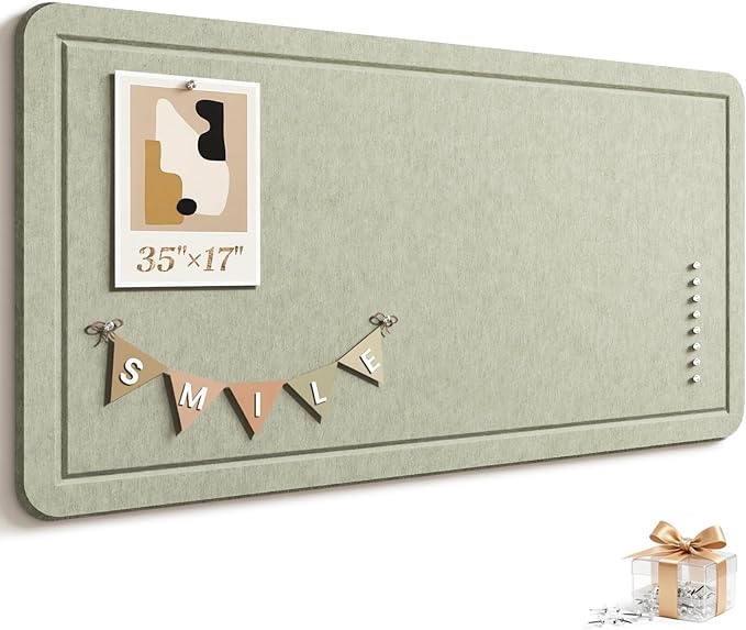 Large Bulletin Board, 35 X 17 Inches Felt Cork Board with 40 Pushpins, Foldable Felt Notice Pin Board Photo Display Board with Self-Adhesive Tape for Office Home School (Sage, 35x17 inch)