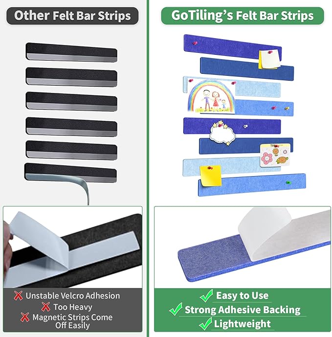 Cork Board for Walls - 8 Pack Felt Pin Board Bar Strips - Self-Adhesive Lightweight Bulletin Board - Cork Board for Office with 40 Push Pins No Damage for Wall