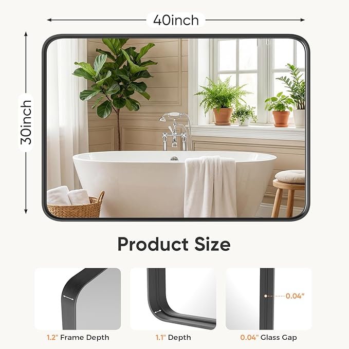 Sweetcrispy Bathroom Wall Mirror, 40x30 Inch Wall Mount Mirror for Over Sink, Modern Rounded Rectangle Vanity Mirrors with Matte Metal Framed, for Home Decor, Living Room, Bedroom, Black