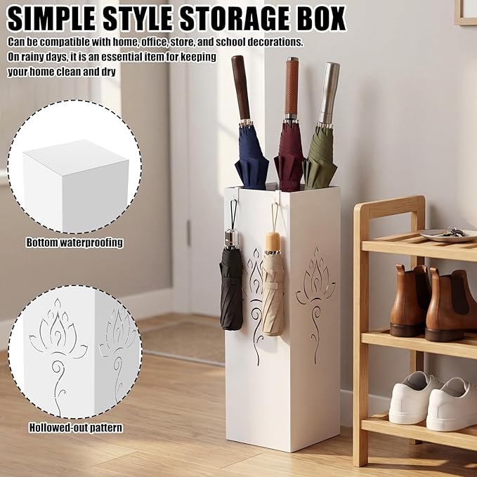 Square Metal Umbrella Holder, Square Free Standing Umbrella Rack Decorative Umbrella Holder Hollow Cutout Pattern Design for Umbrella Cane Entryway Home Office 19.49" X 6.1" X 6.1" (White hollowed out