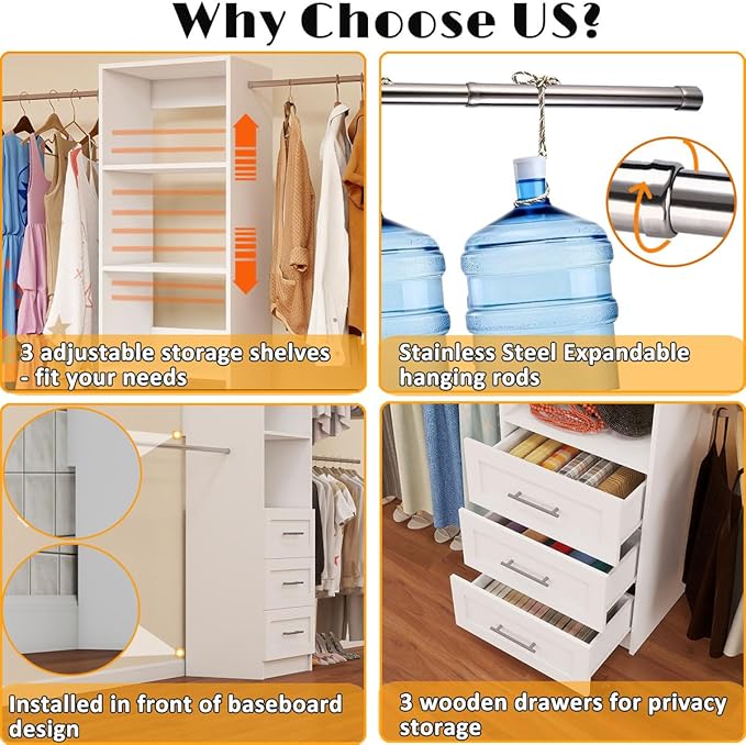 Closet System with Drawers, 5FT-9FT Custom Closet Organizer System 114.9" Walk in Wood Closet Storage System with 4 Expandable Hanging Rods Wall Mount White