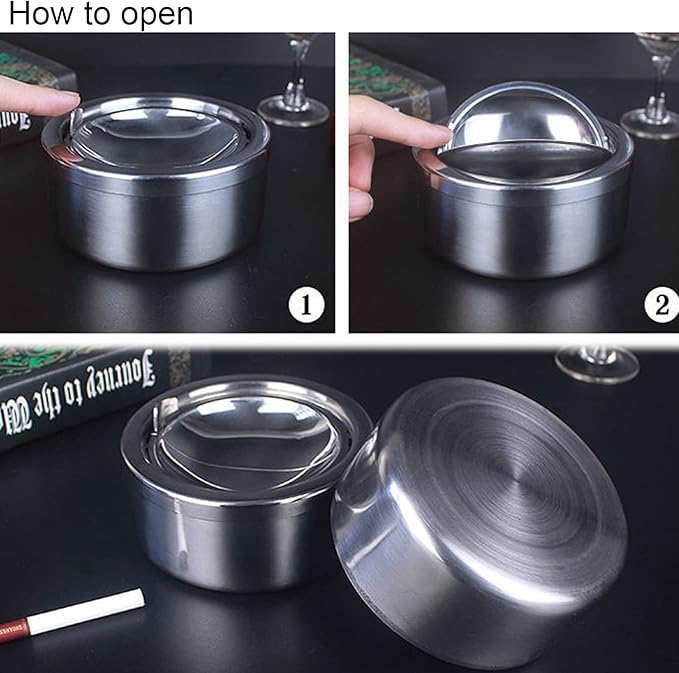 hanlongyu Outdoor Ashtray with Lid, Flip Top Stainless Steel Ash Tray, Metal Windproof Cigarette Ashtrays for Indoor or Outdoor Use, Desktop Smoking Ashtray Office Patio Home Decor