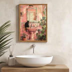 Framed Funny Bathroom Black Cat Wall Art, Vintage Cute Cat on Sink Pictures Wall Decor, Humor Animal Watercolor Paintings Canvas Prints for Restroom 16x24 inch