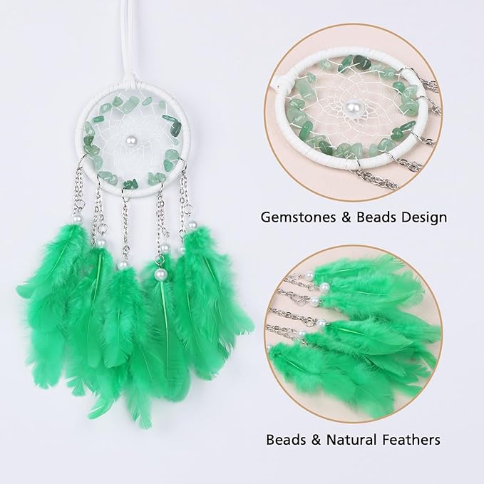 Pretty Jolly Crystal Stone Small Dream Catchers Green Feathers Mini Dreamcatchers with Beads for Cars Rear View Mirror Hanging Decoration Good Luck Travel Charm Bedroom Ornaments for Women Girls
