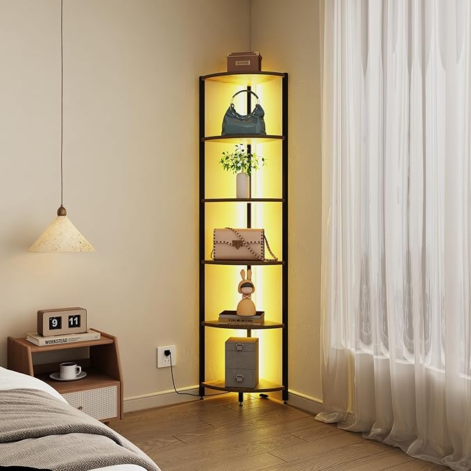 6-Tier Corner Shelf with LED Lights - 65" Tall Narrow Bookshelf, Standing Shelf with Storage Rack, Sturdy Metal Frame & Waterproof Shelves, Rustic Brown, for Living Room/Bedroom/Bathroom