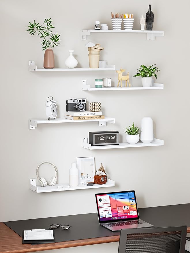 Floating Shelves for Wall, Shelves for Decor Storage Set of 6, Wall Mounted Wood Shelf for Bedroom, Living Room, Bathroom, Kitchen,Long Picture Ledge Shelves. (White)