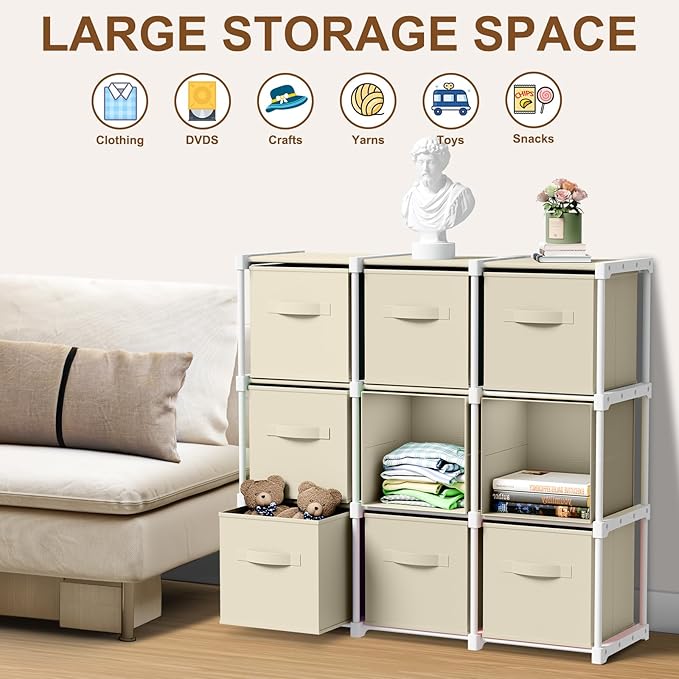 9 Cube Storage Organizer with Shelf Back to School Boxes 11 Inch Toy Storage Bins Closet Organizers Drawers Fabric Dresser for Playroom Books Bedroom Dorm Kitchen (Creamy White)
