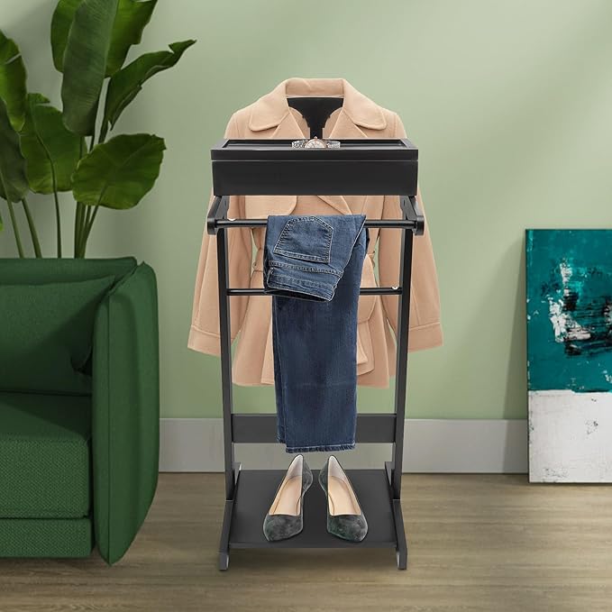 Wood Suit Rack, 22.05 Lbs Wooden Clothes Valet Stand, Freestanding Clothing Valet Stand Suit with Non-slip Base & Drawer for Bedrooms Living Rooms Hallways (Black)