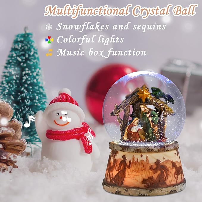 Christmas Snow Globe Musical - Nativity Snowglobes Water Snow Globes with 5 Colors Change LED Light Music Box Home Christmas Decor for Kids Wooden