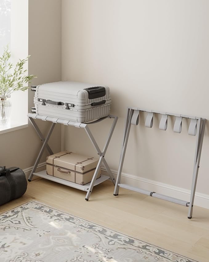 Luggage Rack, Folding Suitcase Stand for Guest, Foldable, Luggage Holders with Shelf, Steel Frame with Nylon Straps for Bedroom, Hotel, Holds up to 154 lb, Grey, 2 Pack LR03999G