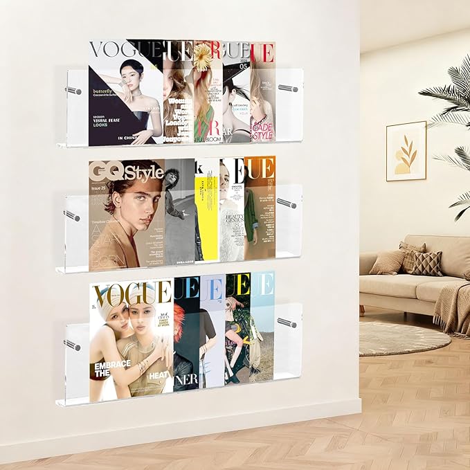 2-Pack 24 Inch Clear Acrylic Magazine Holder, Sleek Wall Mounted Brochure Rack & Floating Bookshelf, Modern Invisible Magazine Display for Office, Waiting Room, Living Room, Fashion Home Decor