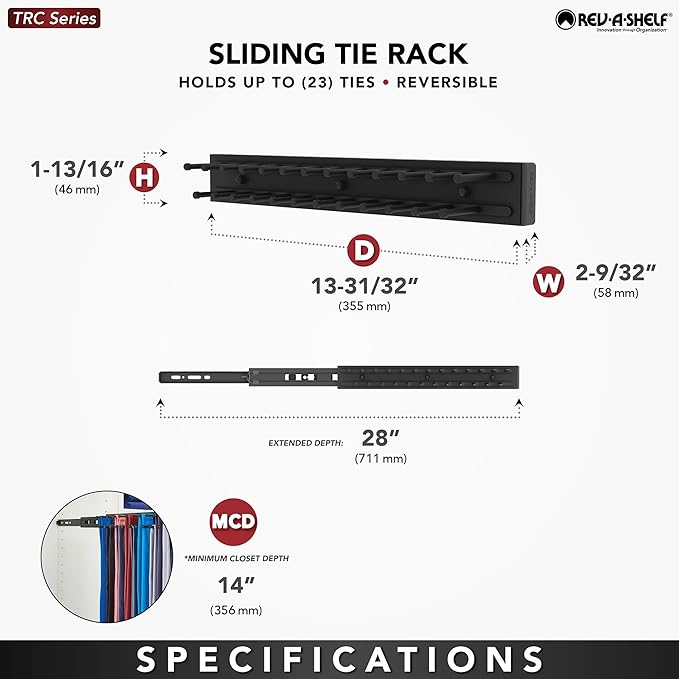 Rev-A-Shelf Pullout 14 Inch Side Mount Extending Closet Tie and Belt Organization Storage Rack Holder for Up to 25 Ties, Chrome, TRC-14CR